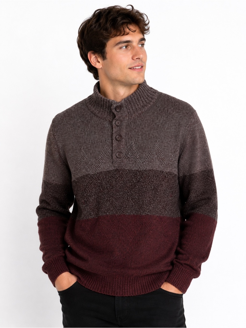 Method Nation Men’s Medium Ombré Knit Sweater Mock Neck Button Pullover Burgundy